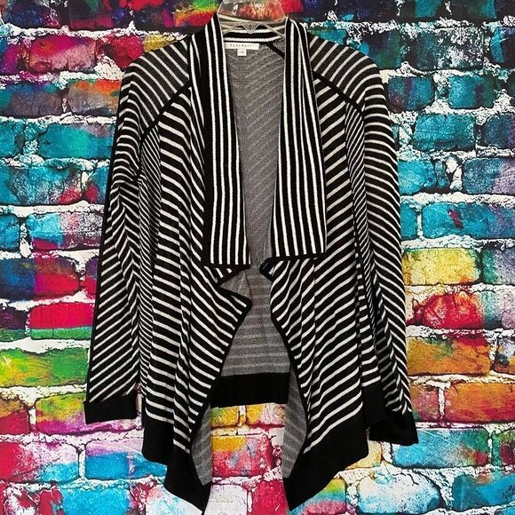 Foxcroft Striped Waterfall Cardigan Sweater Open Front Petite Small Black White - Picture 1 of 8